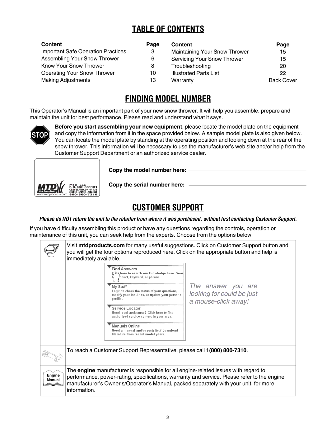 MTD L-Style manual Table of Contents 