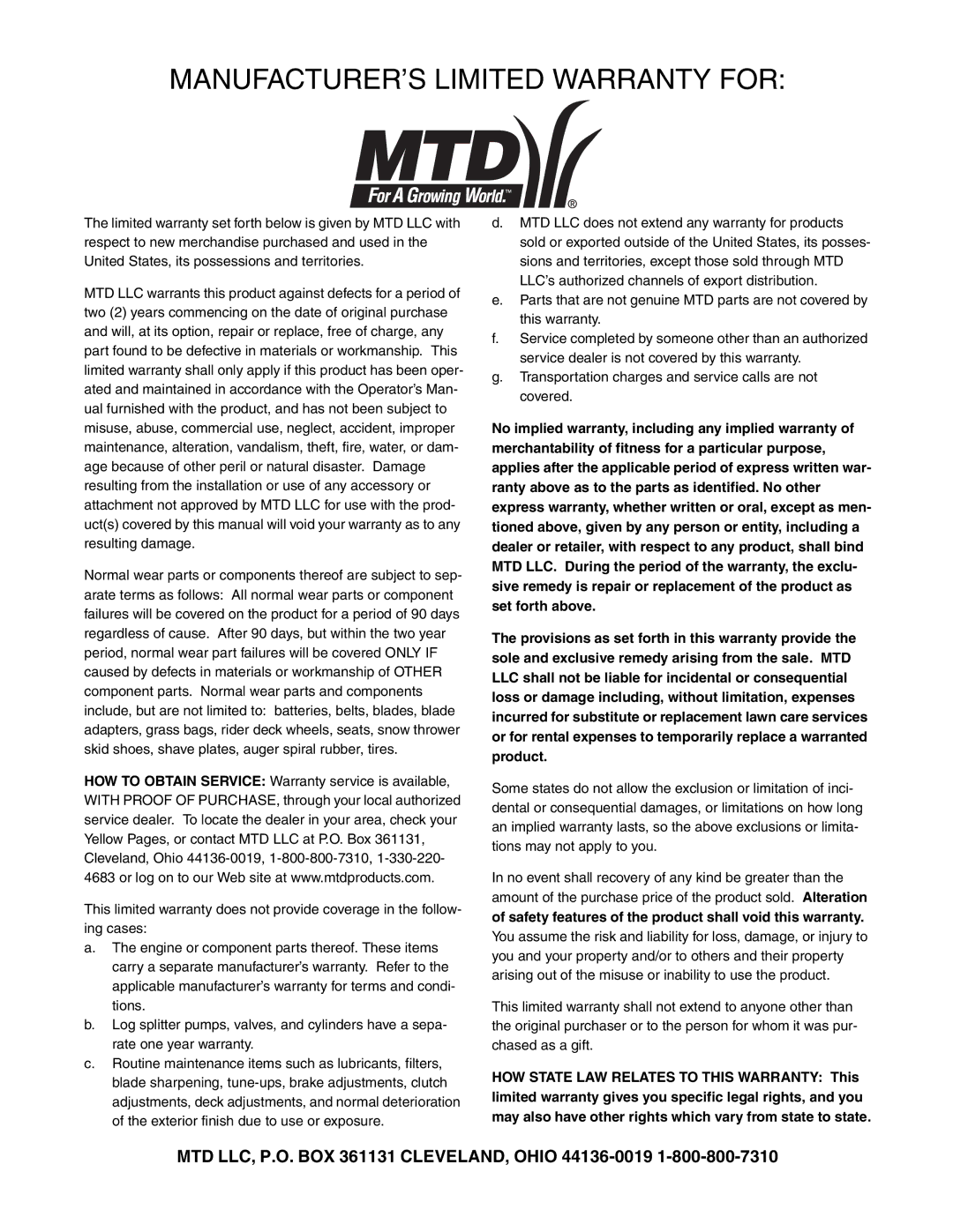 MTD Lawn Tracto manual MANUFACTURER’S Limited Warranty for 