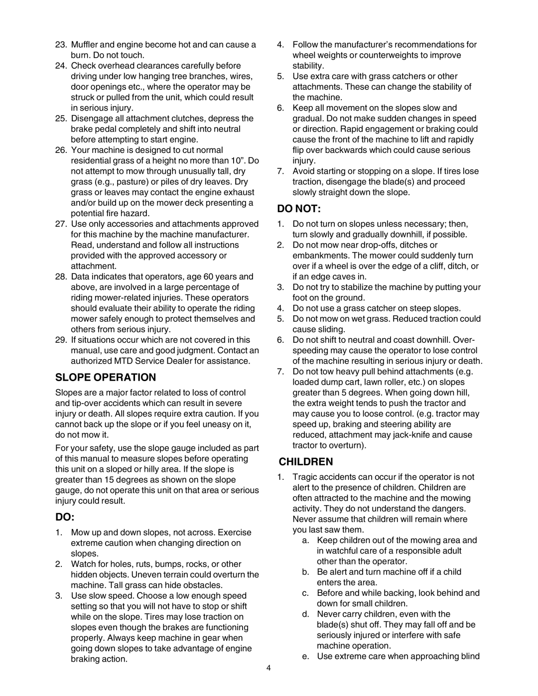 MTD Lawn Tracto manual Slope Operation, Do not, Children 