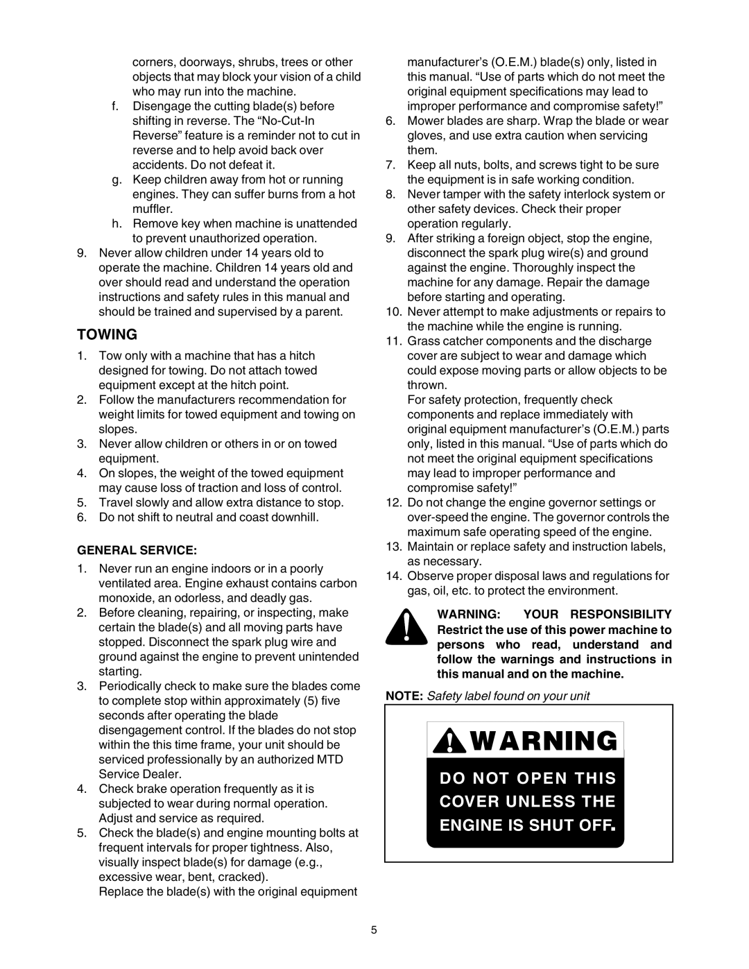 MTD Lawn Tracto manual Towing, General Service 