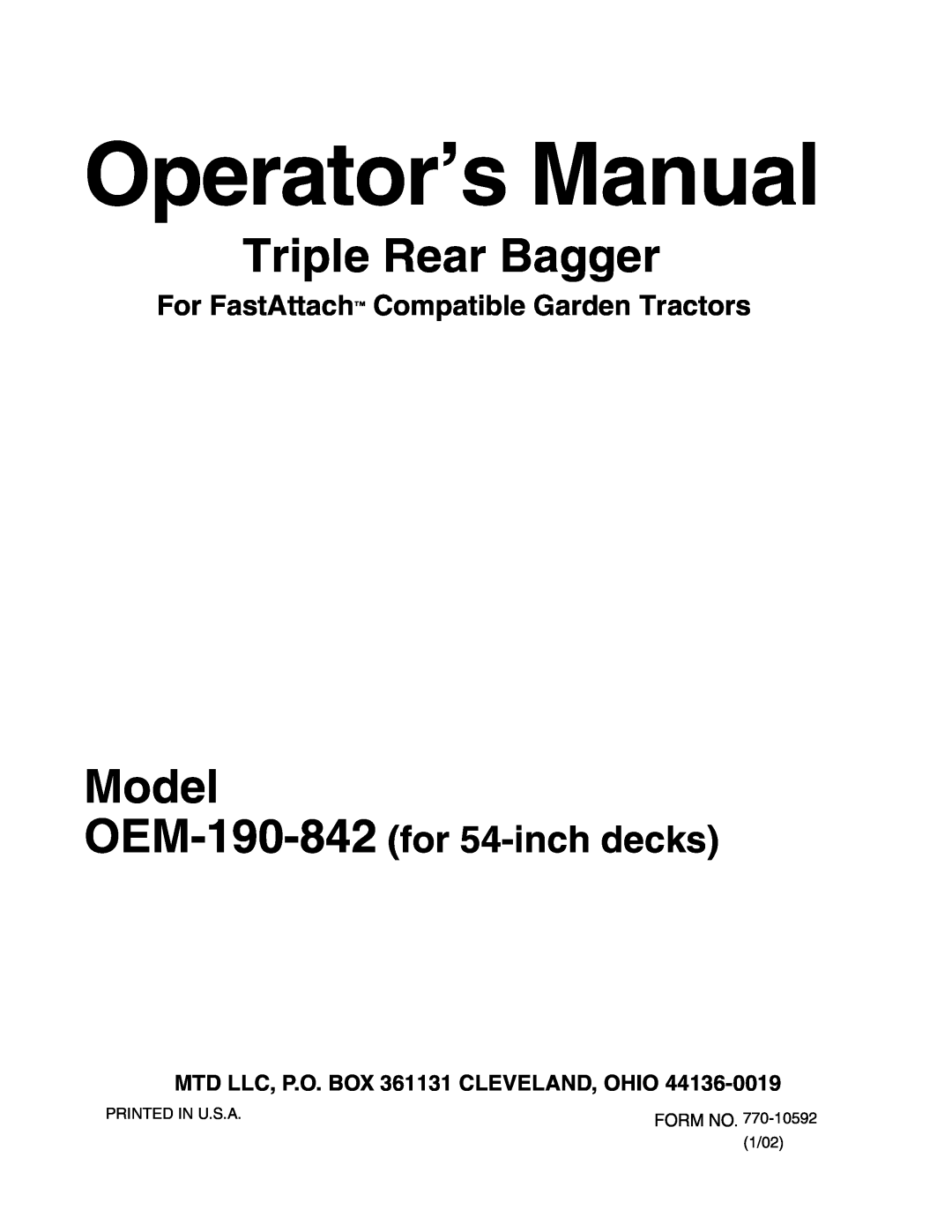 MTD Lawn Tracto manual For FastAttach Compatible Garden Tractors, Operator’s Manual, Triple Rear Bagger, Model 