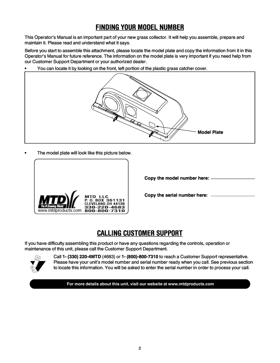 MTD Lawn Tracto manual Finding Your Model Number, Calling Customer Support, Copy the model number here 
