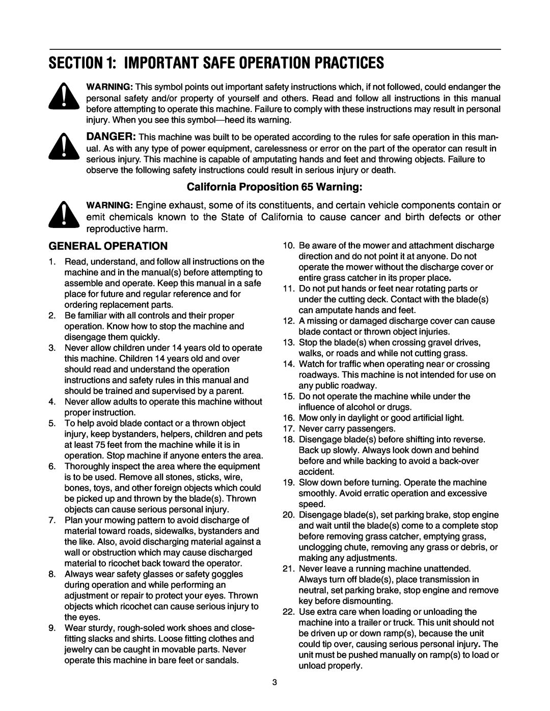 MTD Lawn Tracto manual Important Safe Operation Practices, California Proposition 65 Warning, General Operation 