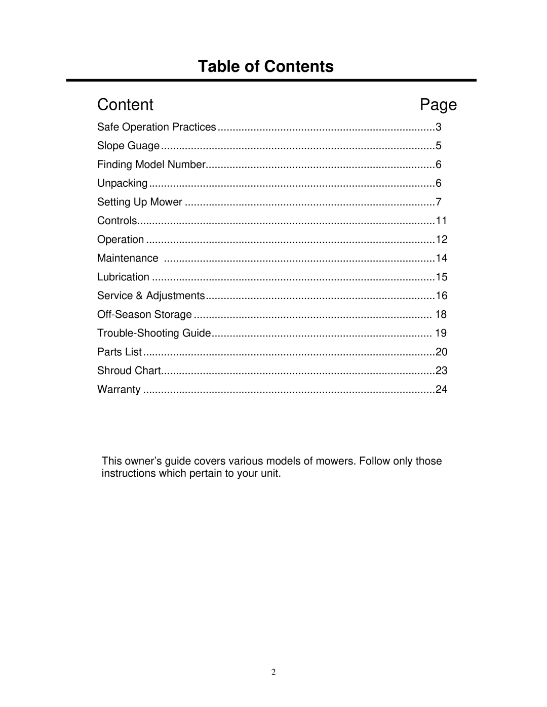 MTD M2N-L warranty Table of Contents 