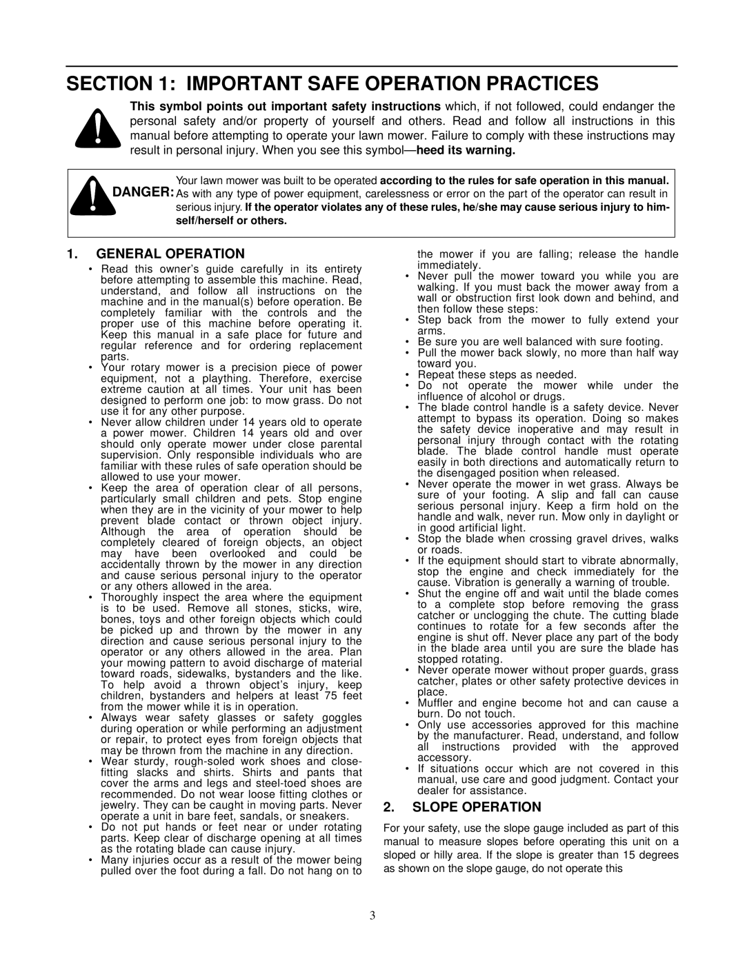 MTD M2N-L warranty Important Safe Operation Practices, General Operation, Slope Operation 