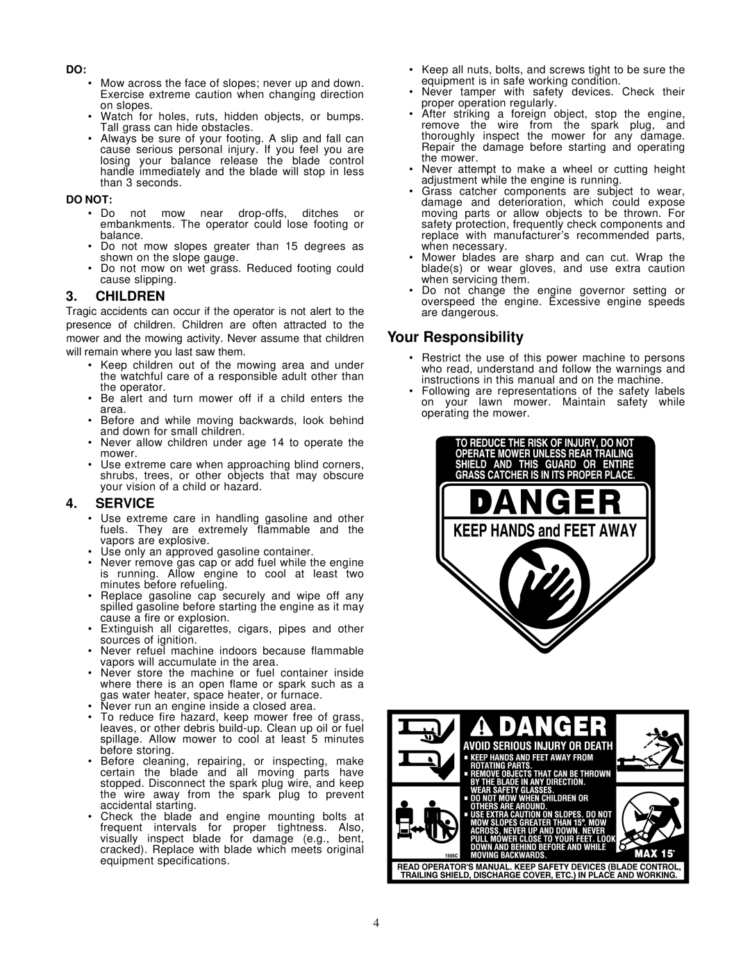 MTD M2N-L warranty Your Responsibility, Children, Service 