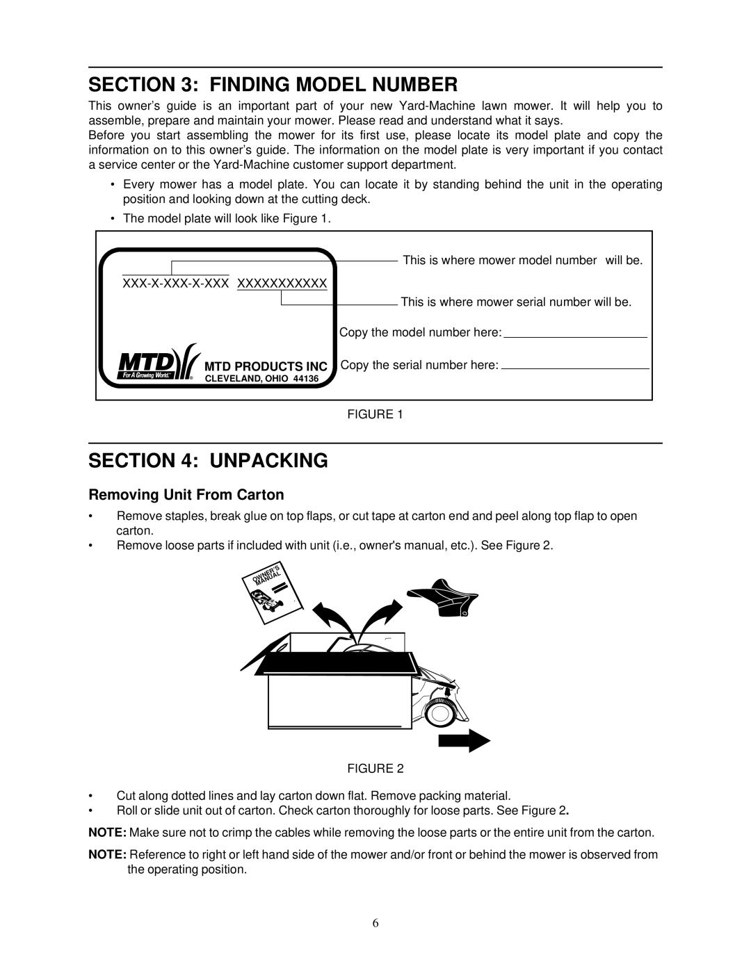 MTD M2N-L warranty Finding Model Number, Unpacking, Removing Unit From Carton 