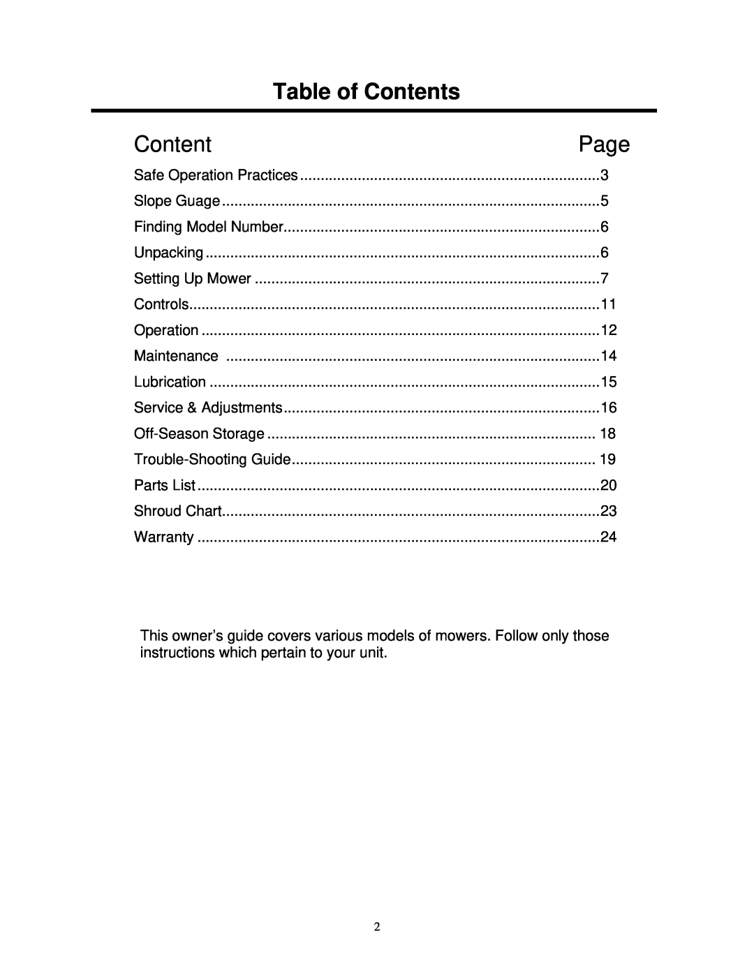 MTD M2N-L warranty Table of Contents, Page 