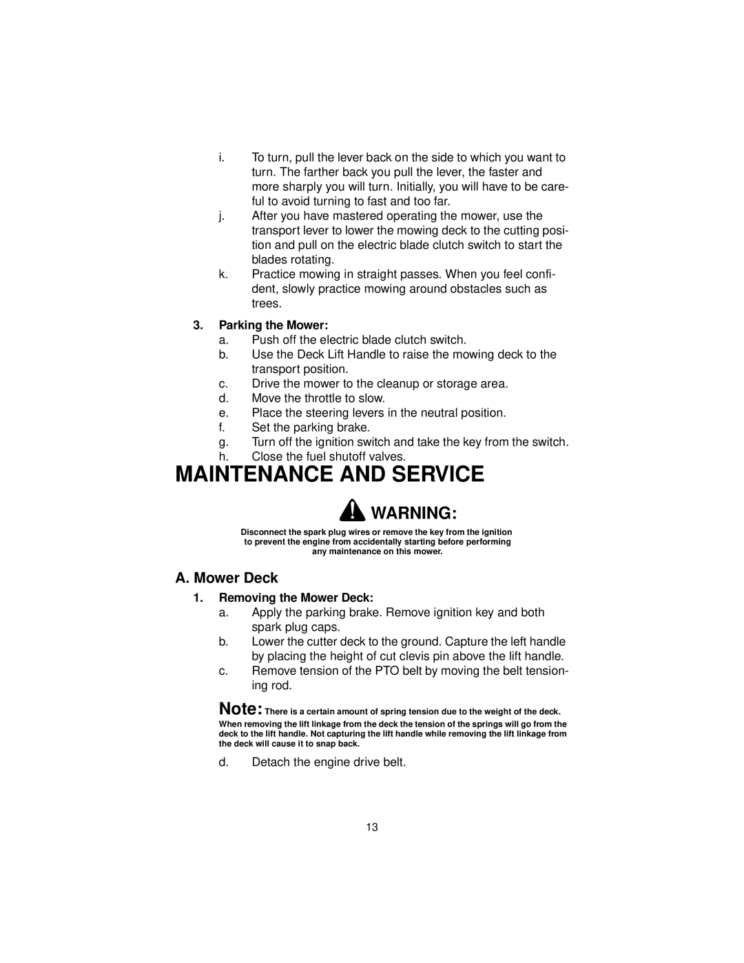 MTD MMZ 2560, MMZ 2554, MMZ 2254 service manual Maintenance and Service, Parking the Mower, Removing the Mower Deck 