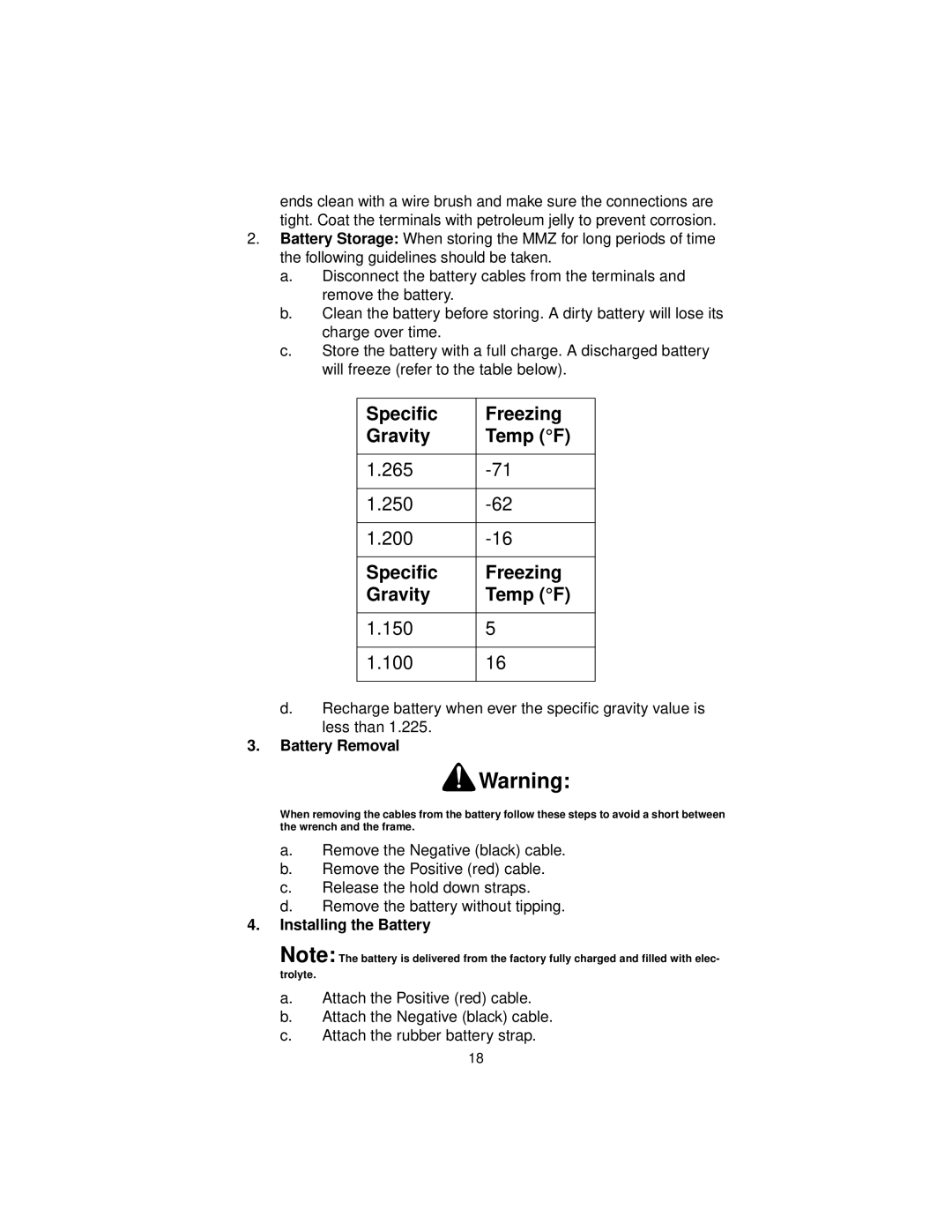 MTD MMZ 2554, MMZ 2560, MMZ 2254 service manual Specific Freezing Gravity Temp F, Battery Removal, Installing the Battery 