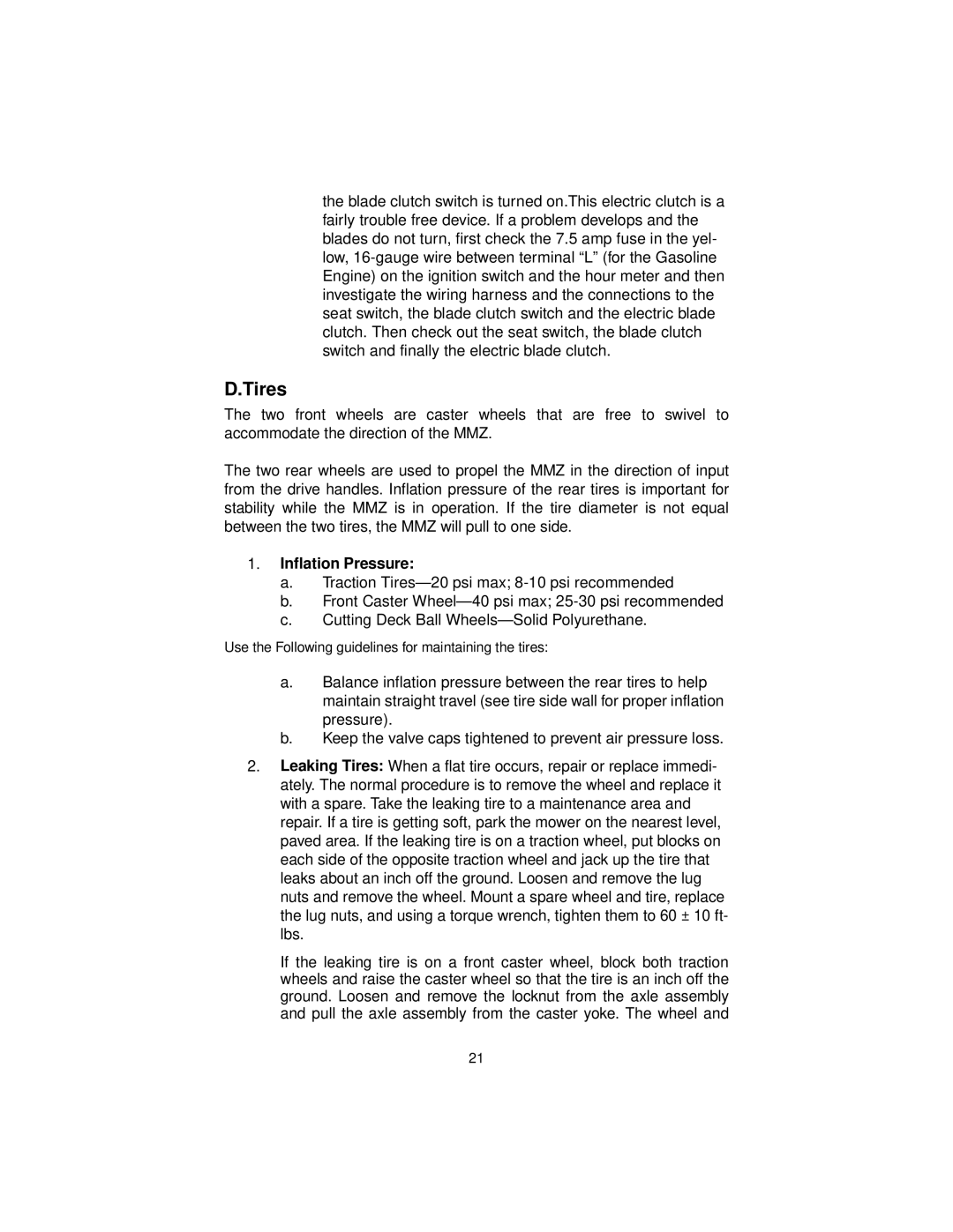 MTD MMZ 2554, MMZ 2560, MMZ 2254 service manual Tires, Inflation Pressure 