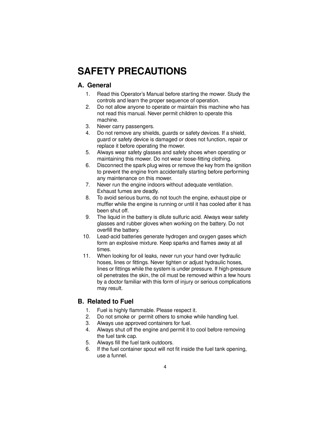 MTD MMZ 2560, MMZ 2554, MMZ 2254 service manual Safety Precautions, General, Related to Fuel 