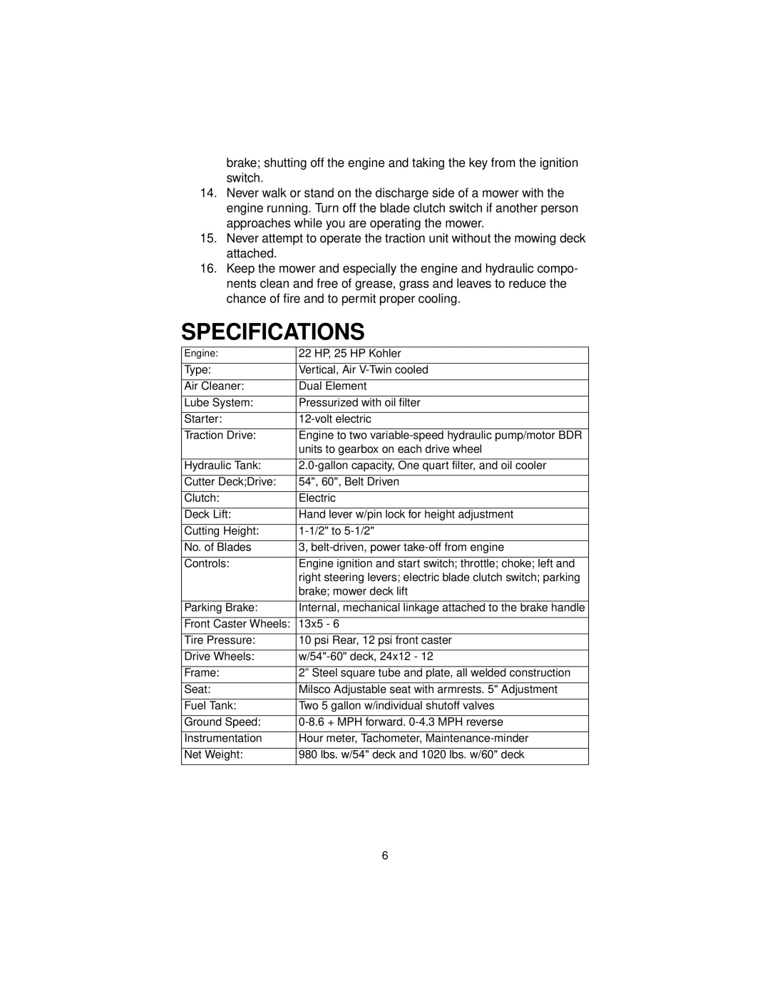 MTD MMZ 2554, MMZ 2560, MMZ 2254 service manual Specifications 