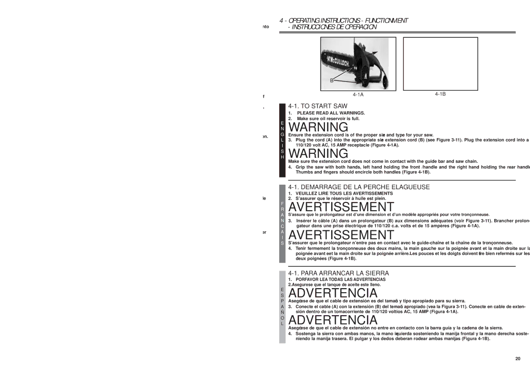 MTD ms1415, MS1210 HS Warning, OL Advertencia, To Start SAW, Demarrage DE LA Perche Elagueuse, Para Arrancar LA Sierra 