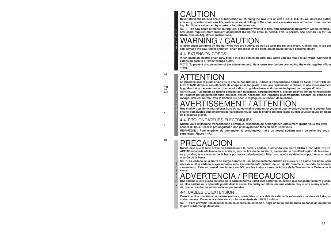 MTD MS1210, ms1415, MS1215 user manual To Stop Motor, Chain and BAR Lubrication, Arret DU Moteur, Para Apagar EL Motor 