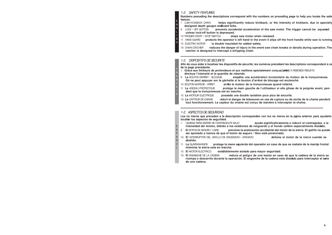 MTD MS1215, ms1415, MS1210 user manual Safety Features 