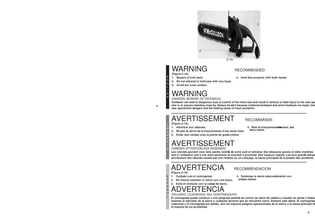 MTD MS1210 Avertissement Recommande, AI Avertissement, Advertencia, Recommendacion, ¡PELIGRO! ¡CUIDARASE DEL Contragolpe 