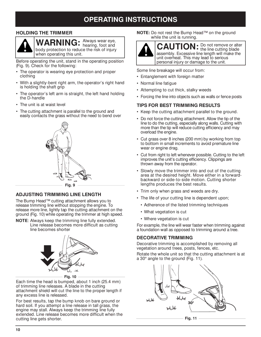 MTD MT700 Operating Instructions, Holding the Trimmer, Adjusting Trimming Line Length, Tips for Best Trimming Results 