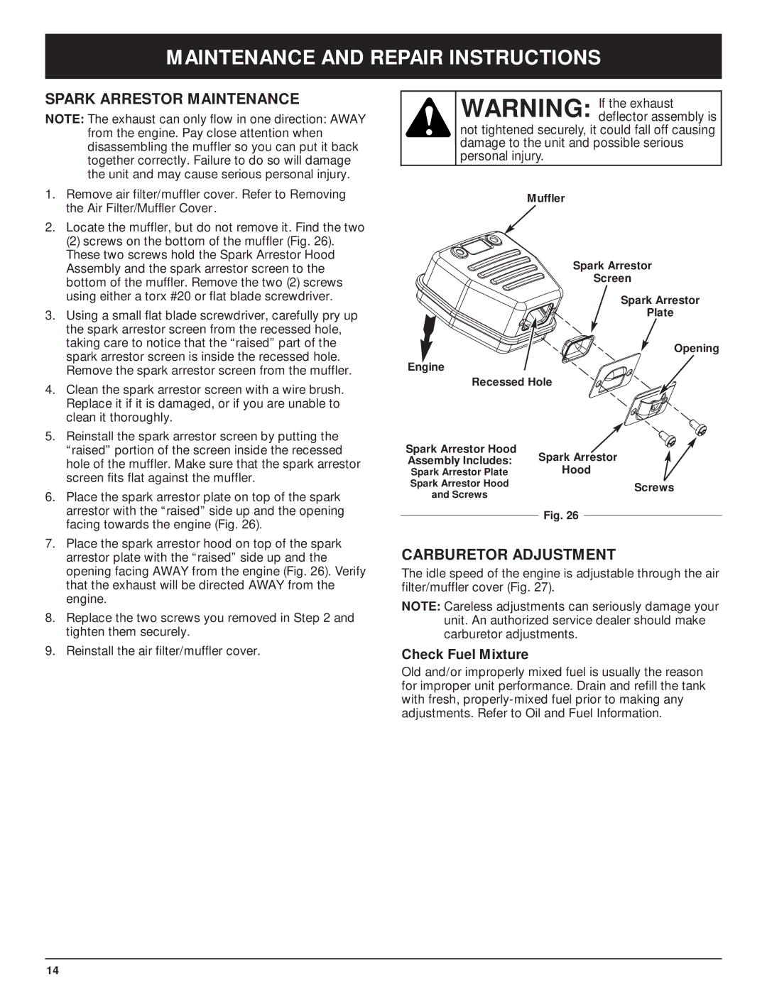 MTD MT700 manual Spark Arrestor Maintenance, Carburetor Adjustment, Check Fuel Mixture 