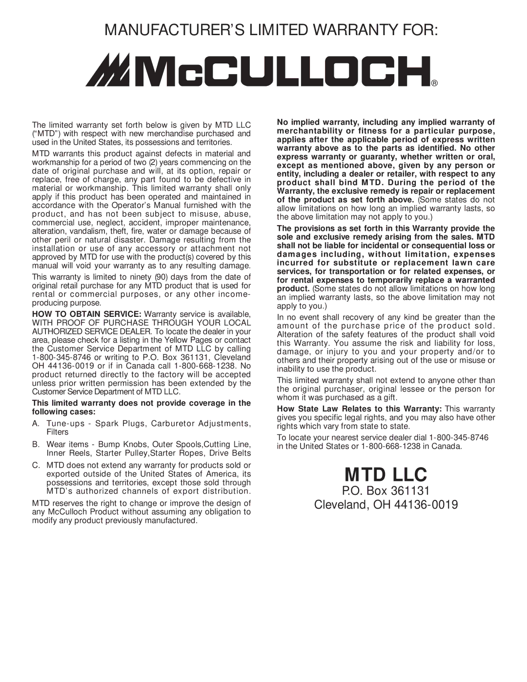 MTD MT700 manual Mtd Llc 