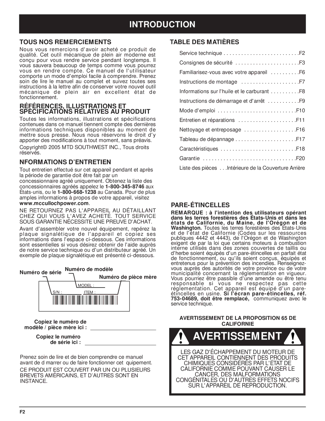 MTD MT700 manual Tous NOS Remerciements, Nformations D’ENTRETIEN, Table DES Matières, Pare-Étincelles 