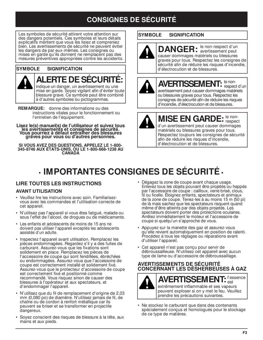 MTD MT700 manual Avertissement le non, Mise EN Garde le non, Avertissement lessenceest, Consignes DE Sécurité 