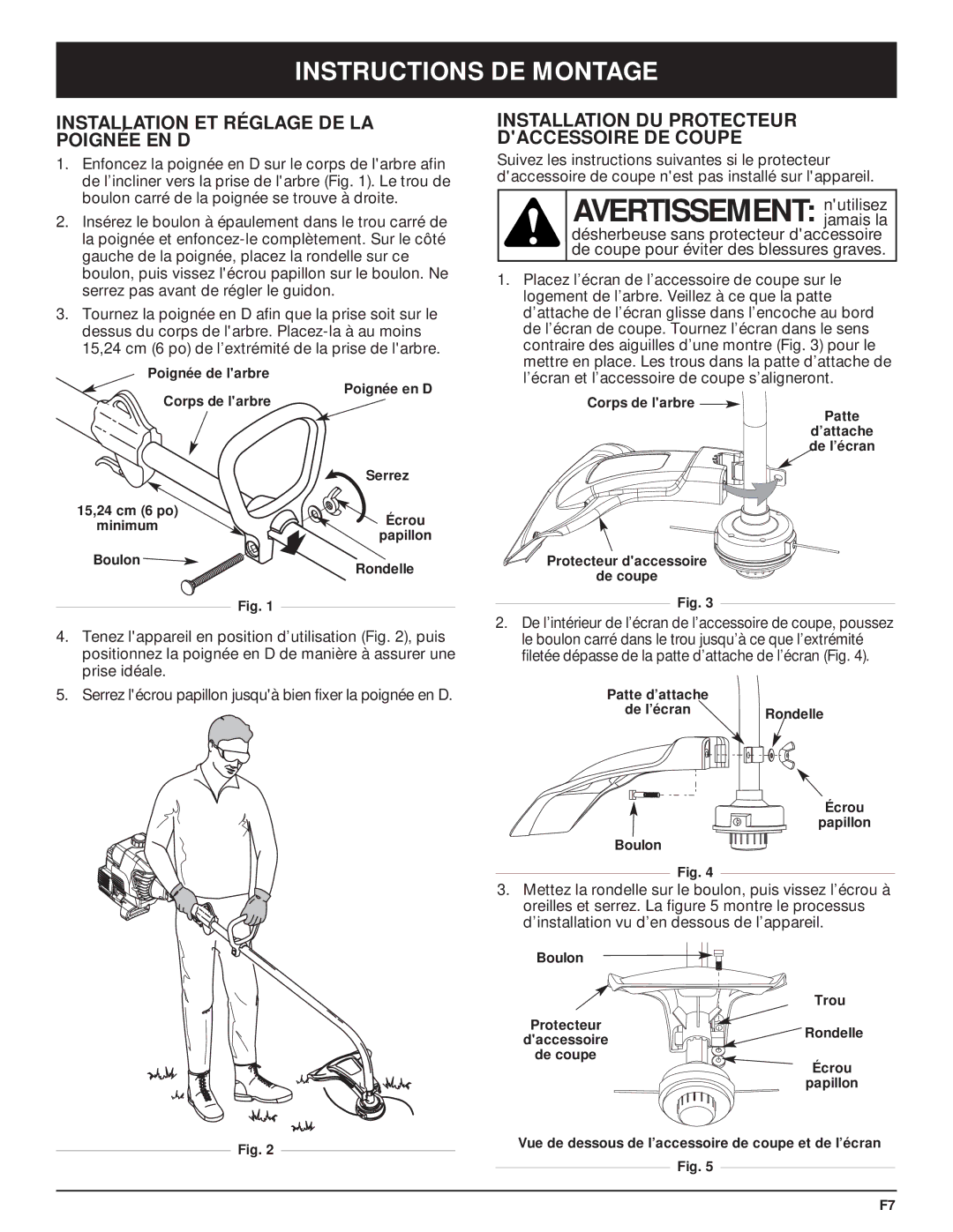 MTD MT700 manual Avertissement nutilisez, Instructions DE Montage, Installation ET Réglage DE LA Poignée EN D 