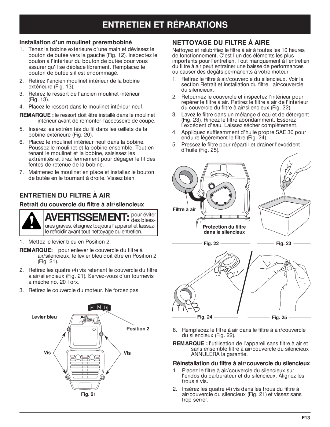 MTD MT700 manual Avertissement pour éviter, Entretien DU Filtre À AIR, Nettoyage DU Filtre Á Aire 