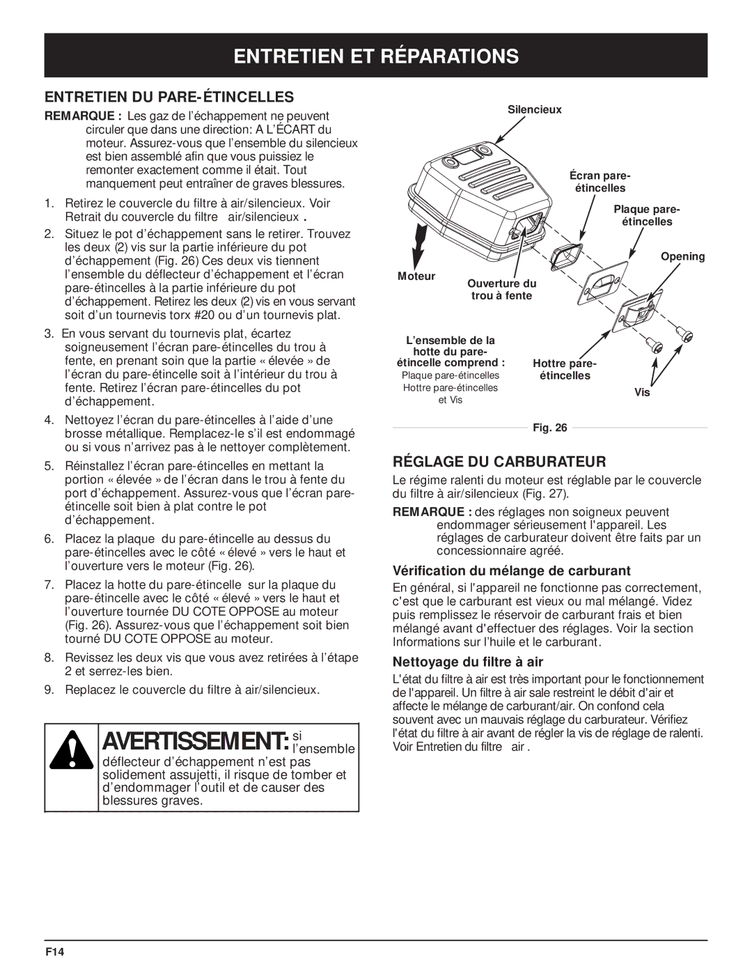 MTD MT700 manual Entretien DU PARE-ÉTINCELLES, Réglage DU Carburateur, Vérification du mélange de carburant 