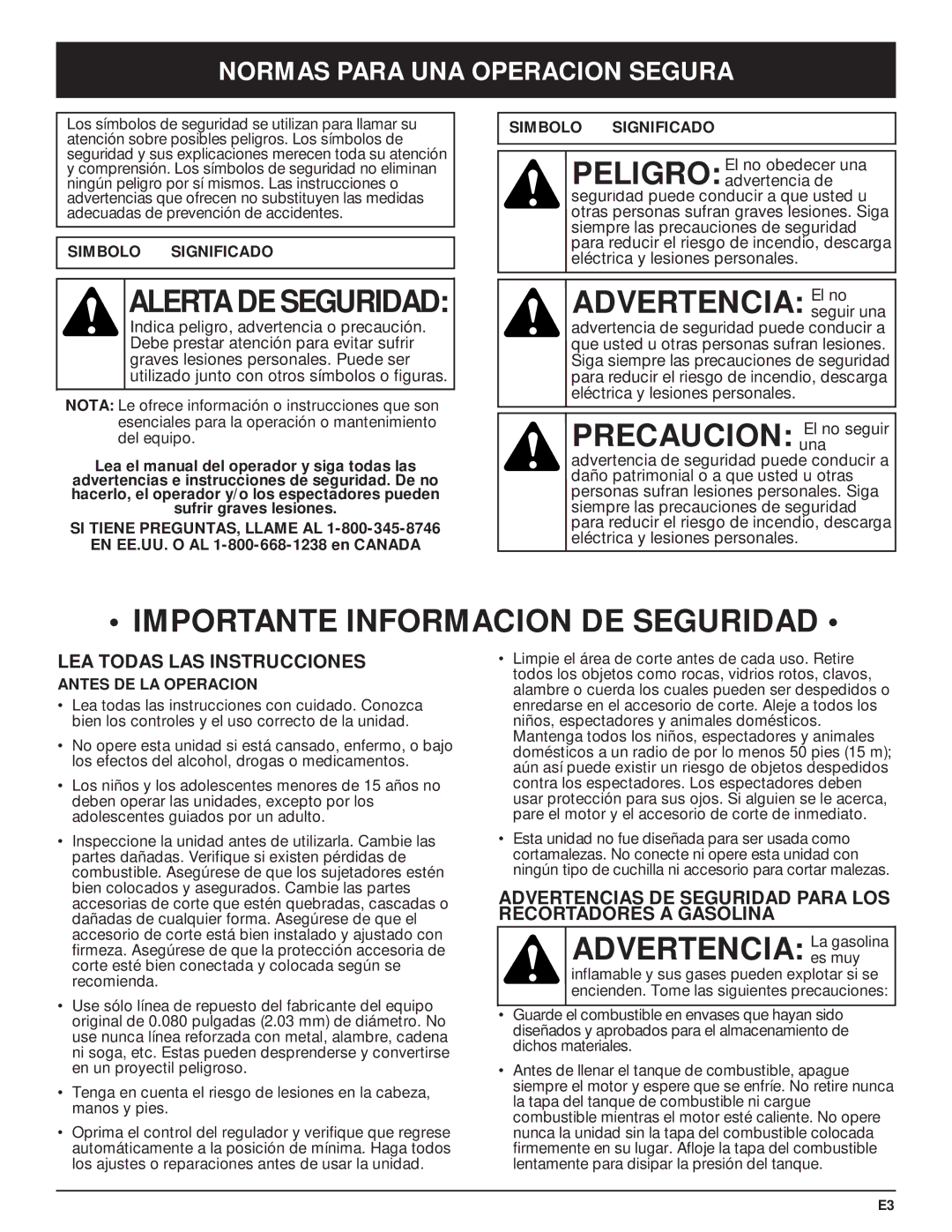 MTD MT700 manual Advertencia Laes muygasolina, Normas Para UNA Operacion Segura, LEA Todas LAS Instrucciones 