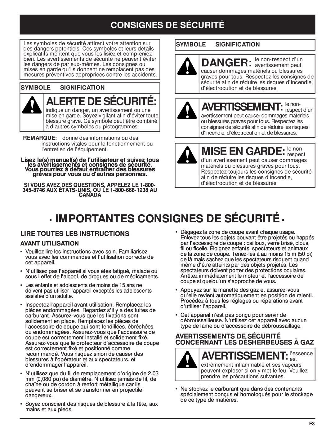 MTD MT700 manual Alerte De Sécurité, AVERTISSEMENT le non, MISE EN GARDE le non, Importantes Consignes De Sécurité 