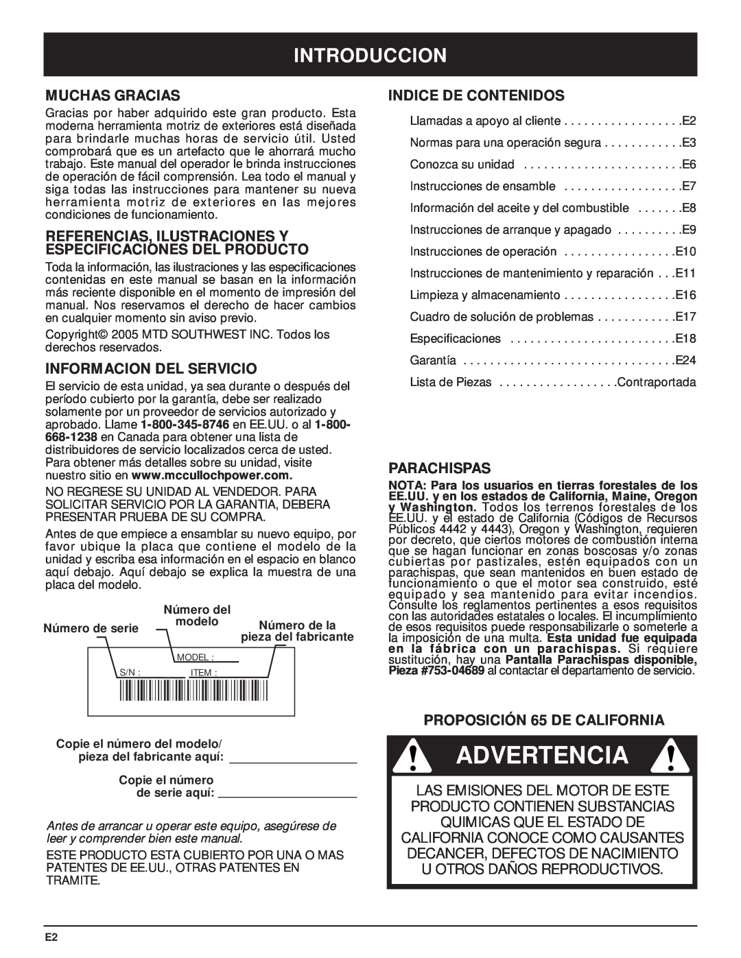MTD MT700 manual Advertencia, Introduccion, Muchas Gracias, Referencias, Ilustraciones Y Especificaciones Del Producto 