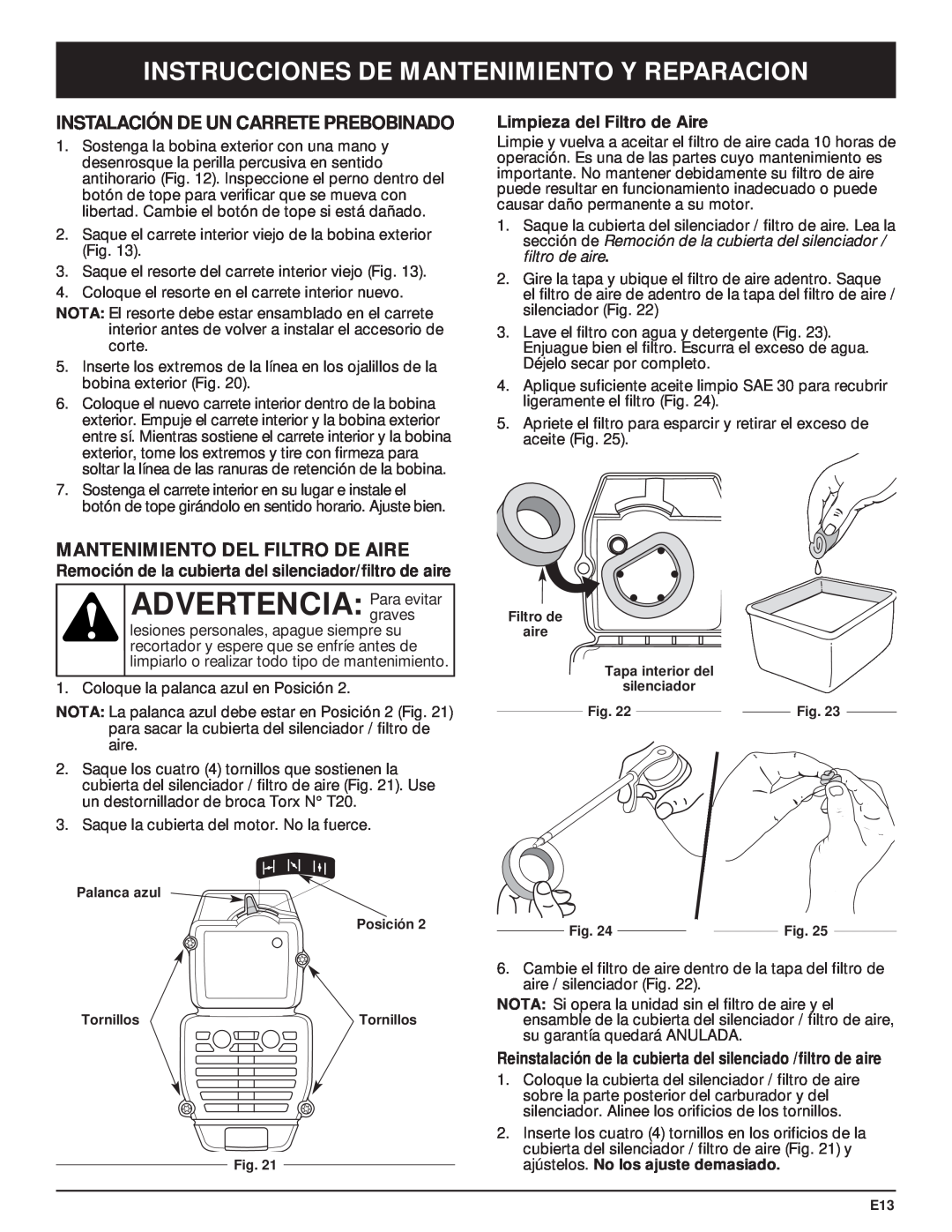 MTD MT700 manual Instalación De Un Carrete Prebobinado, Mantenimiento Del Filtro De Aire, Limpieza del Filtro de Aire 