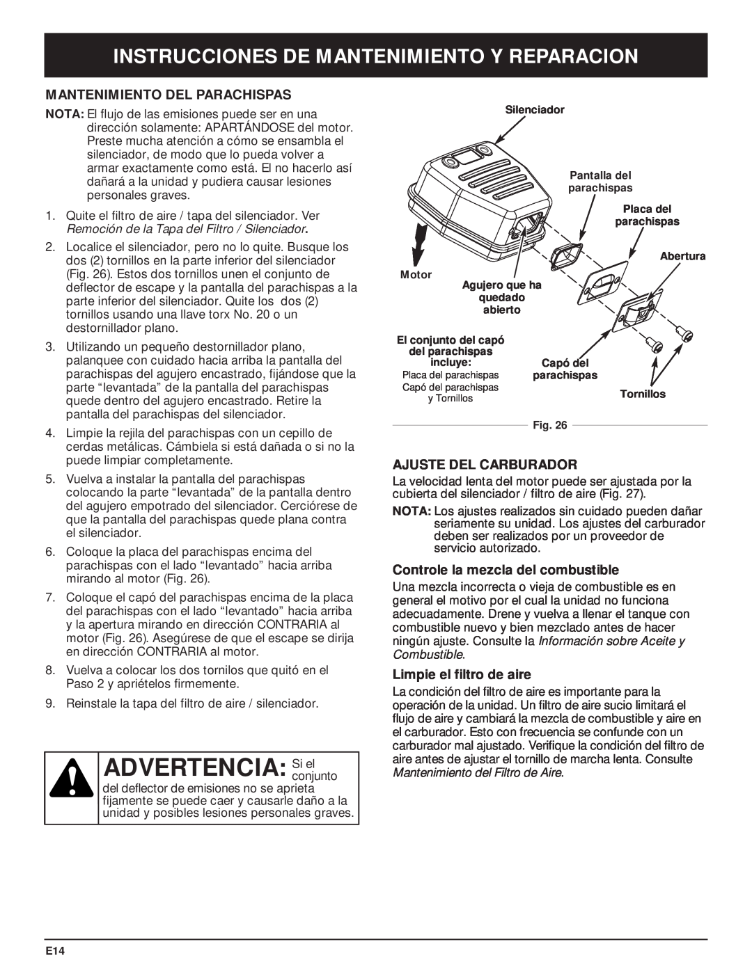 MTD MT700 manual ADVERTENCIA Siconjuntoel, Mantenimiento Del Parachispas, Ajuste Del Carburador, Limpie el filtro de aire 