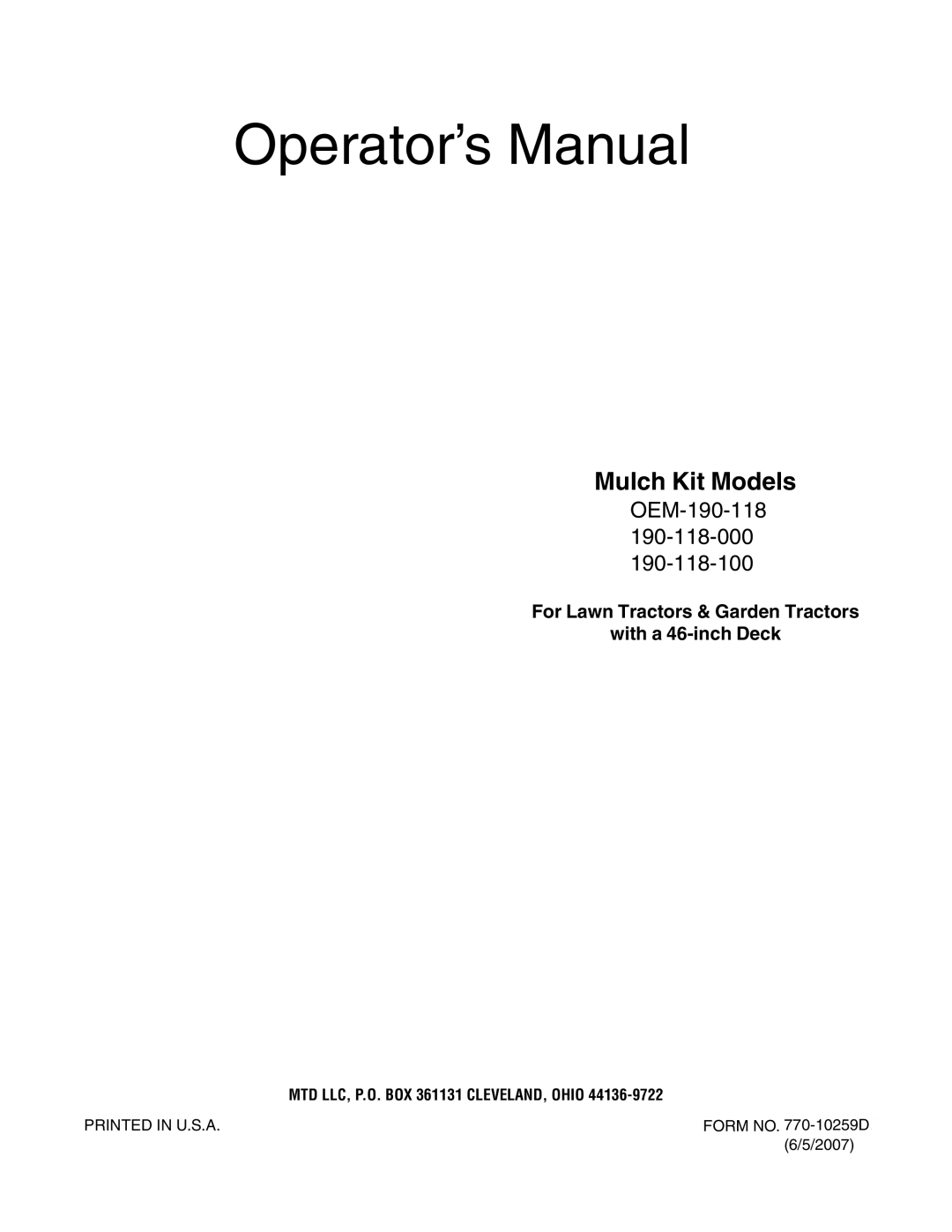 MTD 190-118-100, OEM-190-118, 190-118-000 manual Operator’s Manual, Mulch Kit Models 