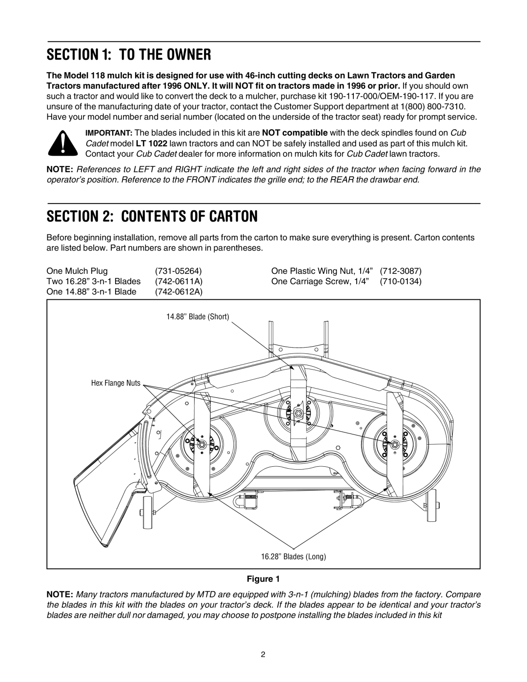 MTD 190-118-000, OEM-190-118, 190-118-100 manual To the Owner, Contents of Carton 