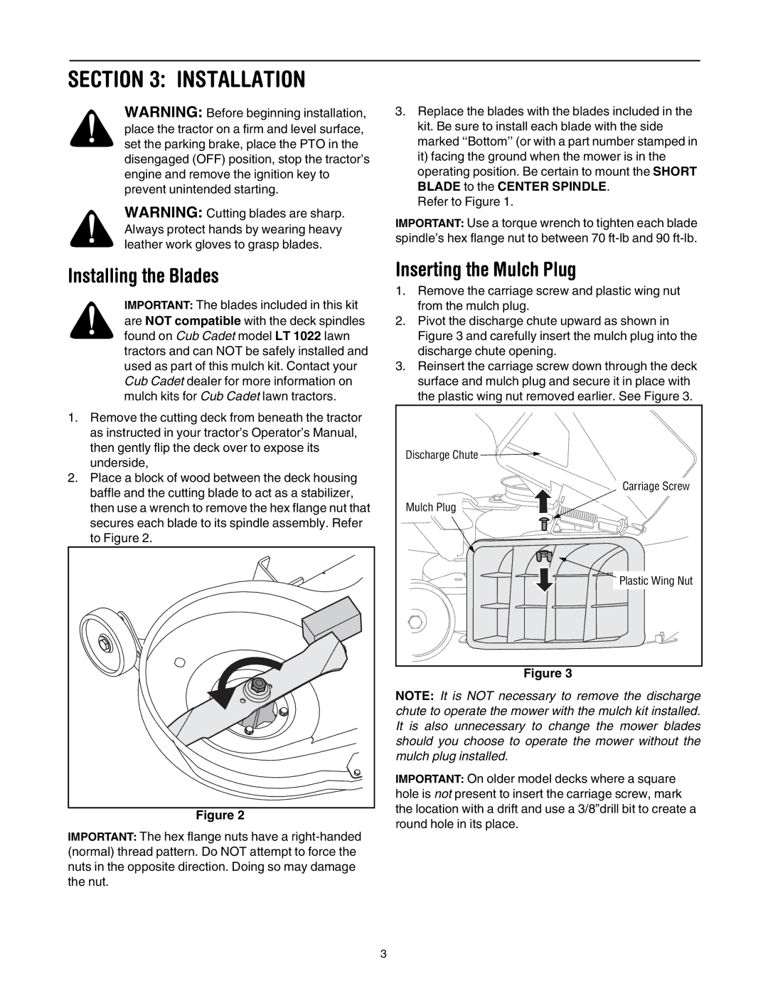 MTD OEM-190-118, 190-118-100, 190-118-000 manual Installation, Installing the Blades, Inserting the Mulch Plug 