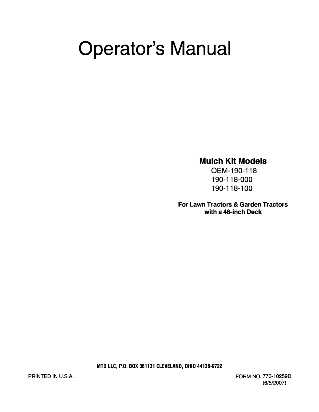 MTD 190-118-100 manual Mulch Kit Models, Operator’s Manual, OEM-190-118 190-118-000, For Lawn Tractors & Garden Tractors 