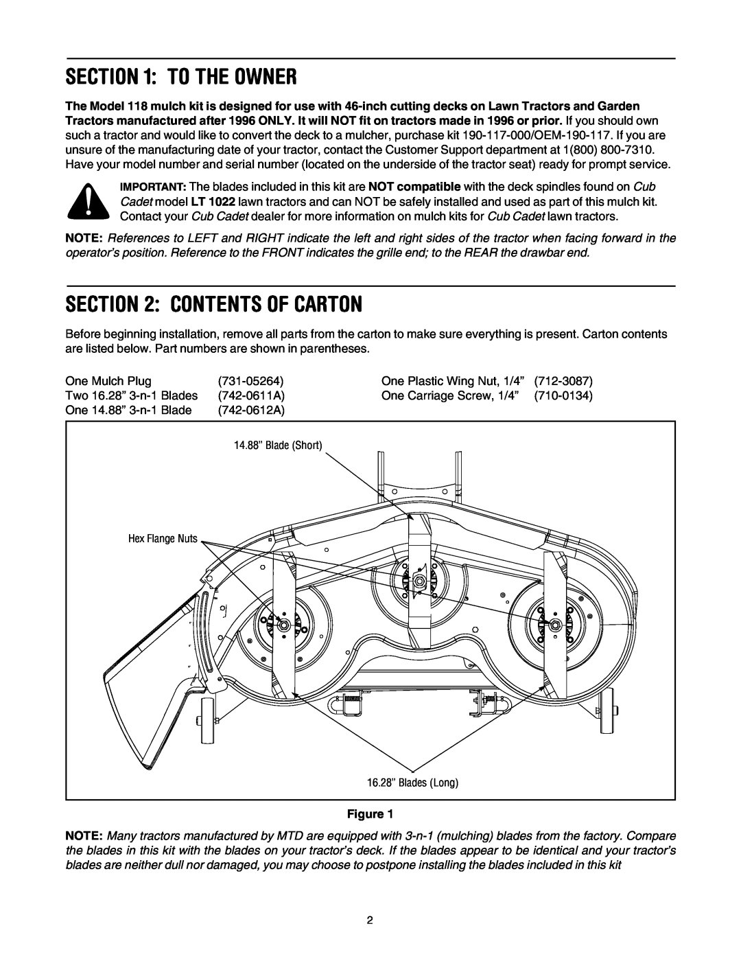 MTD 190-118-000, OEM-190-118, 190-118-100 manual To The Owner, Contents Of Carton 