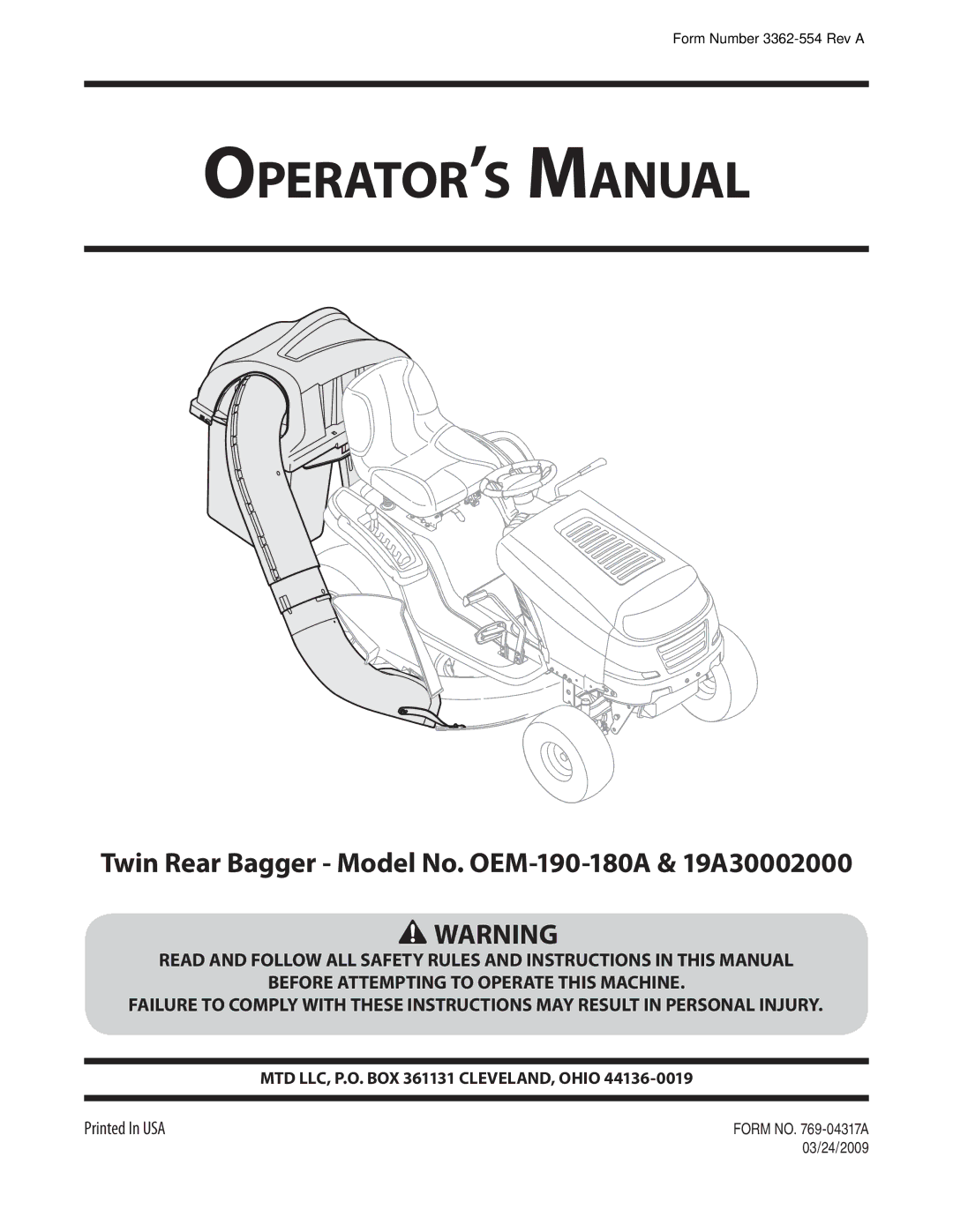 MTD 19A30002000, OEM-190-180A manual Operator’s Manual 