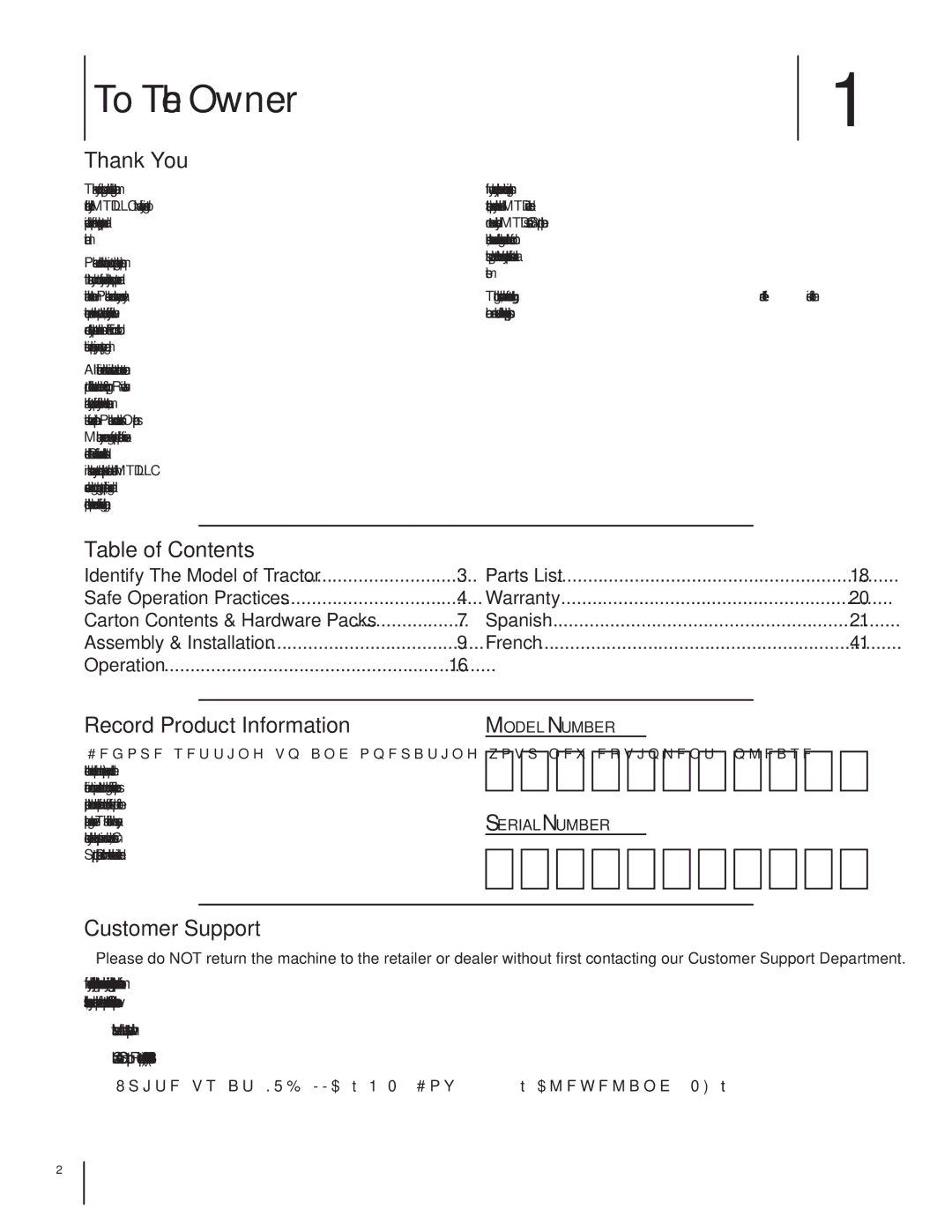 MTD OEM-190-180A, 19A30002000 To The Owner, Thank You, Table of Contents, Record Product Information, Customer Support 