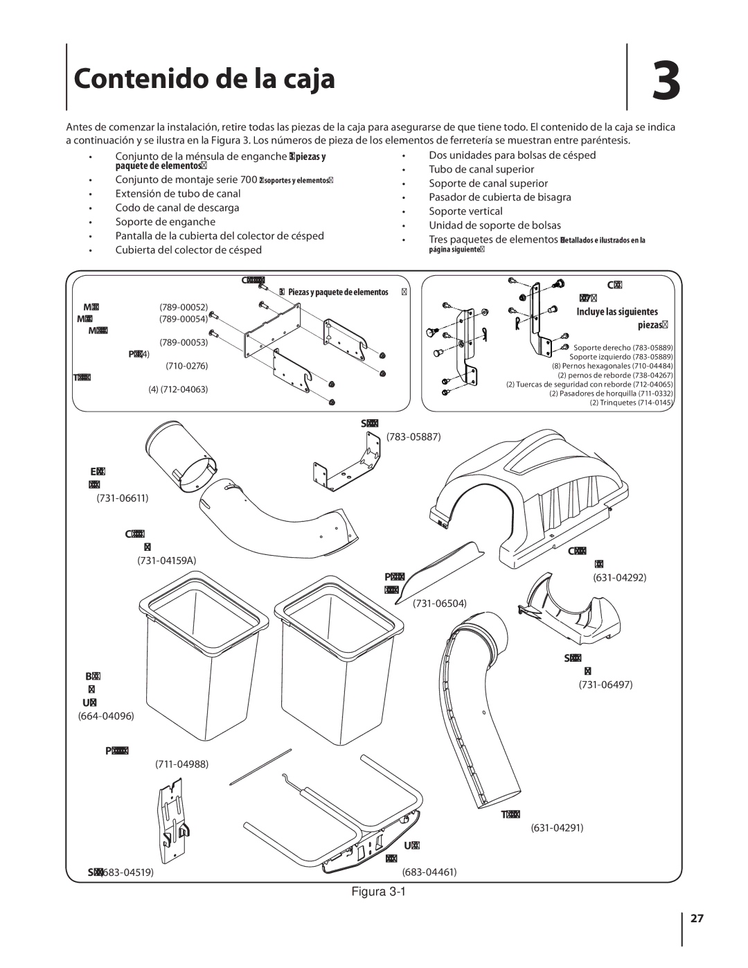 MTD OEM-190-180A, 19A30002000 manual Contenido de la caja, Paquete de elementos 