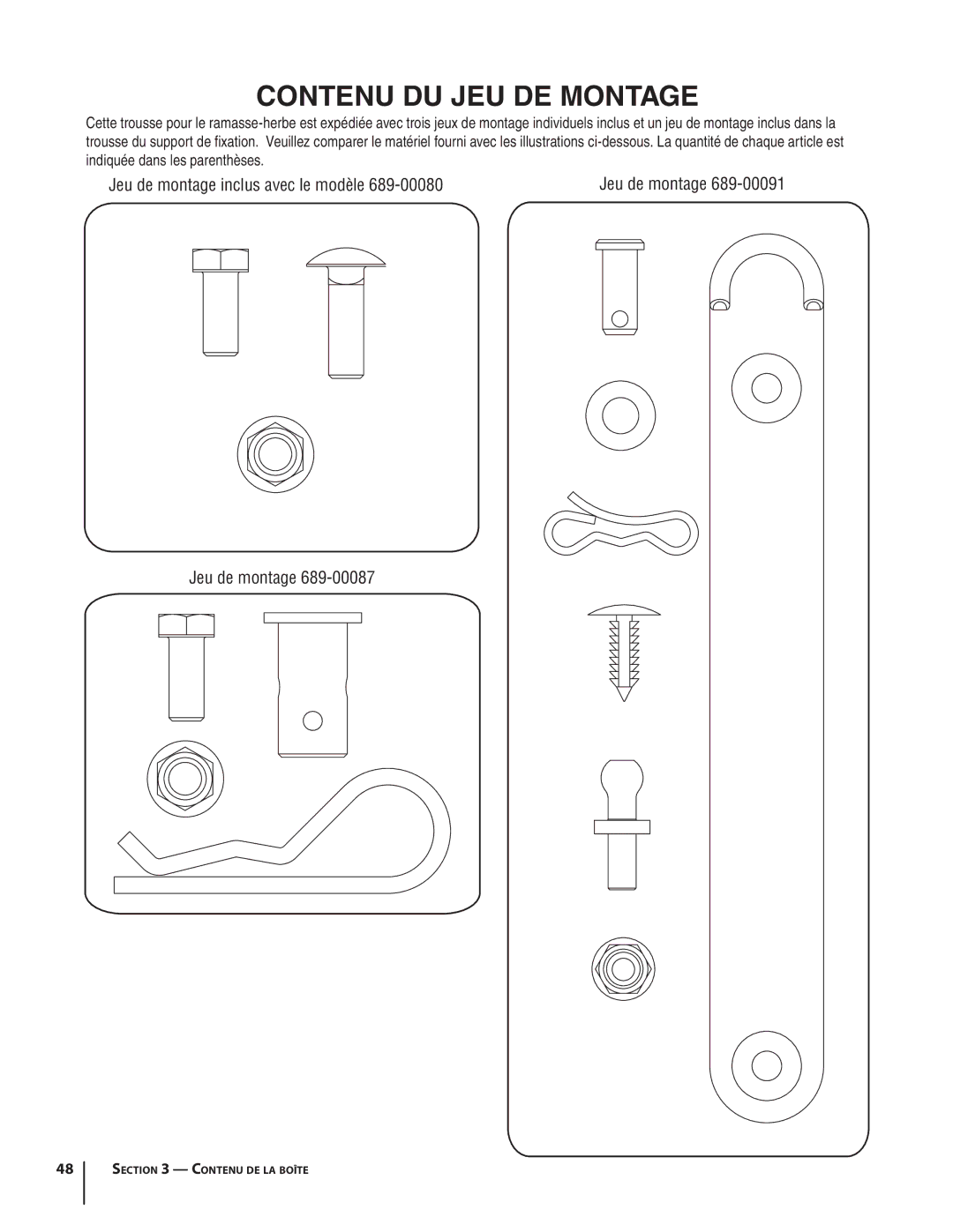 MTD OEM-190-180A, 19A30002000 manual Contenu DU JEU DE Montage 