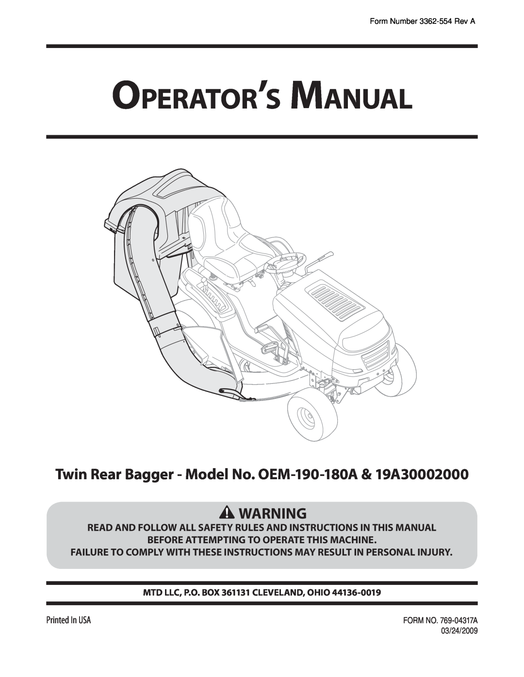 MTD manual Operator’s Manual, Twin Rear Bagger - Model No. OEM-190-180A & 19A30002000 