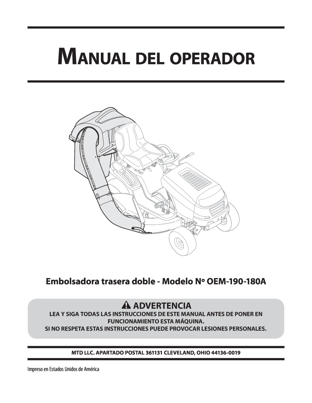 MTD Manual del operador, Embolsadora trasera doble - Modelo Nº OEM-190-180A ADVERTENCIA, Funcionamiento Esta Máquina 
