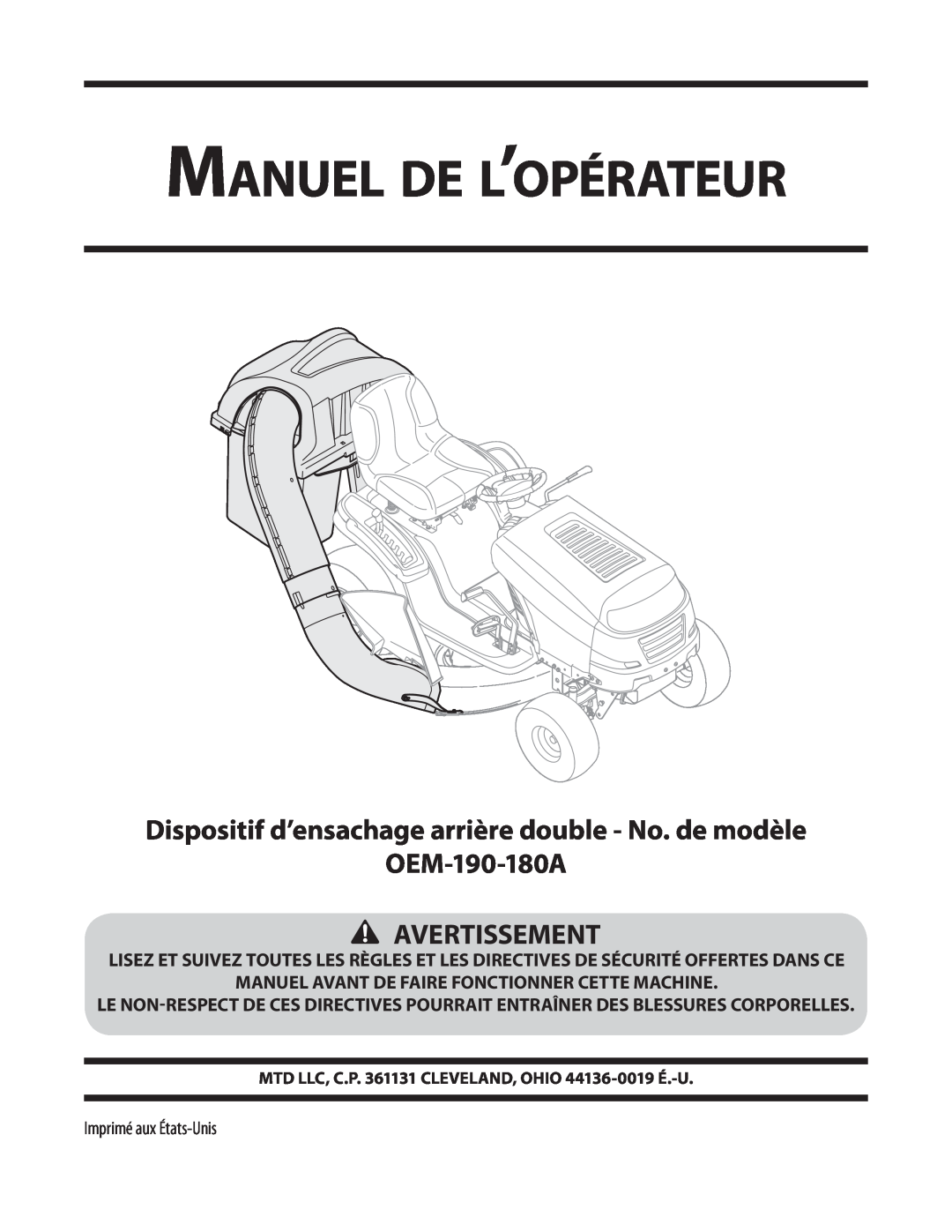 MTD 19A30002000 Manuel de l’opérateur, Dispositif d’ensachage arrière double - No. de modèle OEM-190-180A, Avertissement 