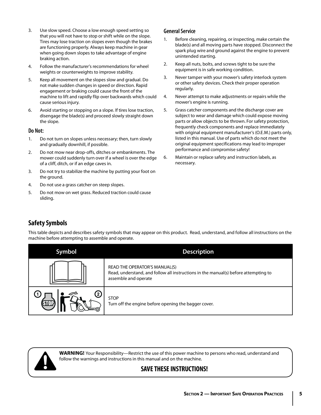 MTD 19A30002000, OEM-190-180A manual Safety Symbols, Save These Instructions, Do Not, General Service, Description 