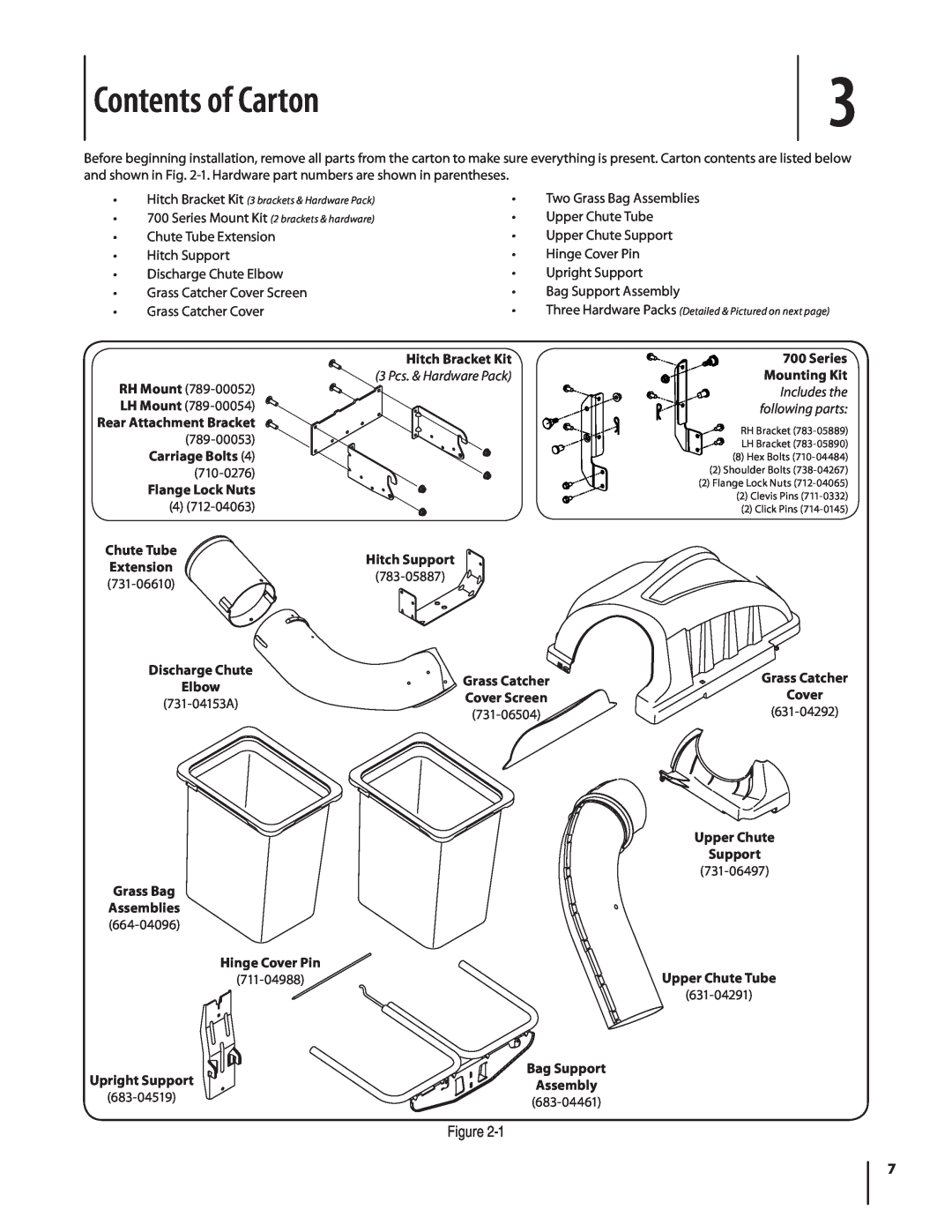 MTD 19A30002000 manual Contents of Carton, Rear Attachment Bracket, Carriage Bolts, Flange Lock Nuts, Chute Tube Extension 