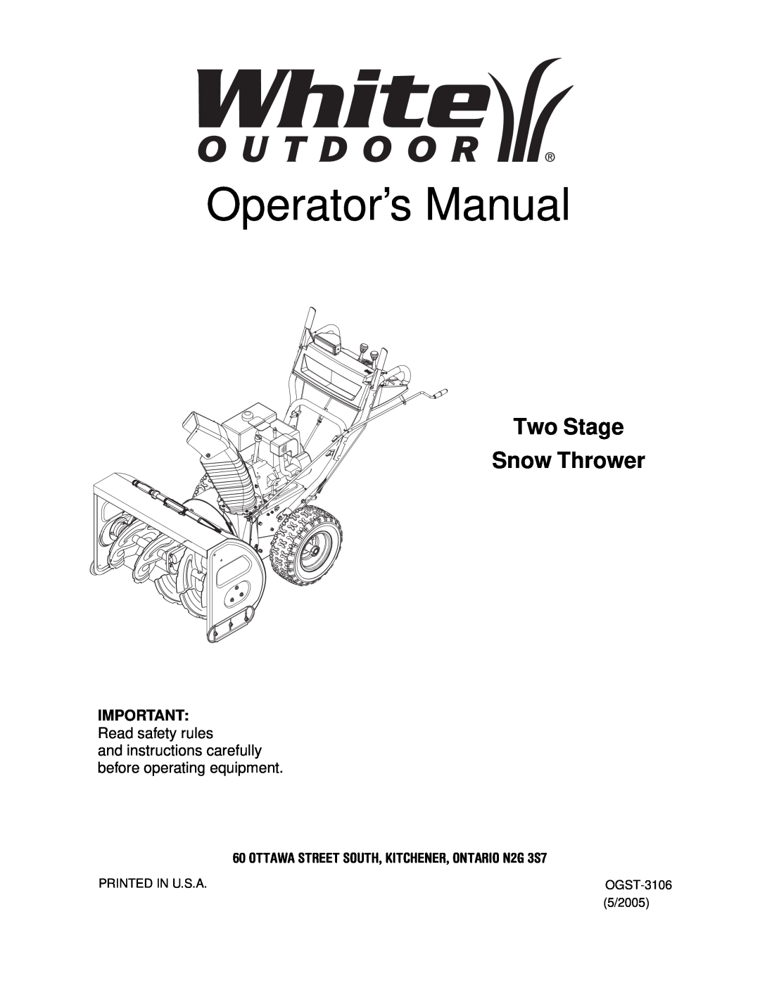 MTD OGST-3106 manual Operator’s Manual, Two Stage Snow Thrower, IMPORTANT Read safety rules 