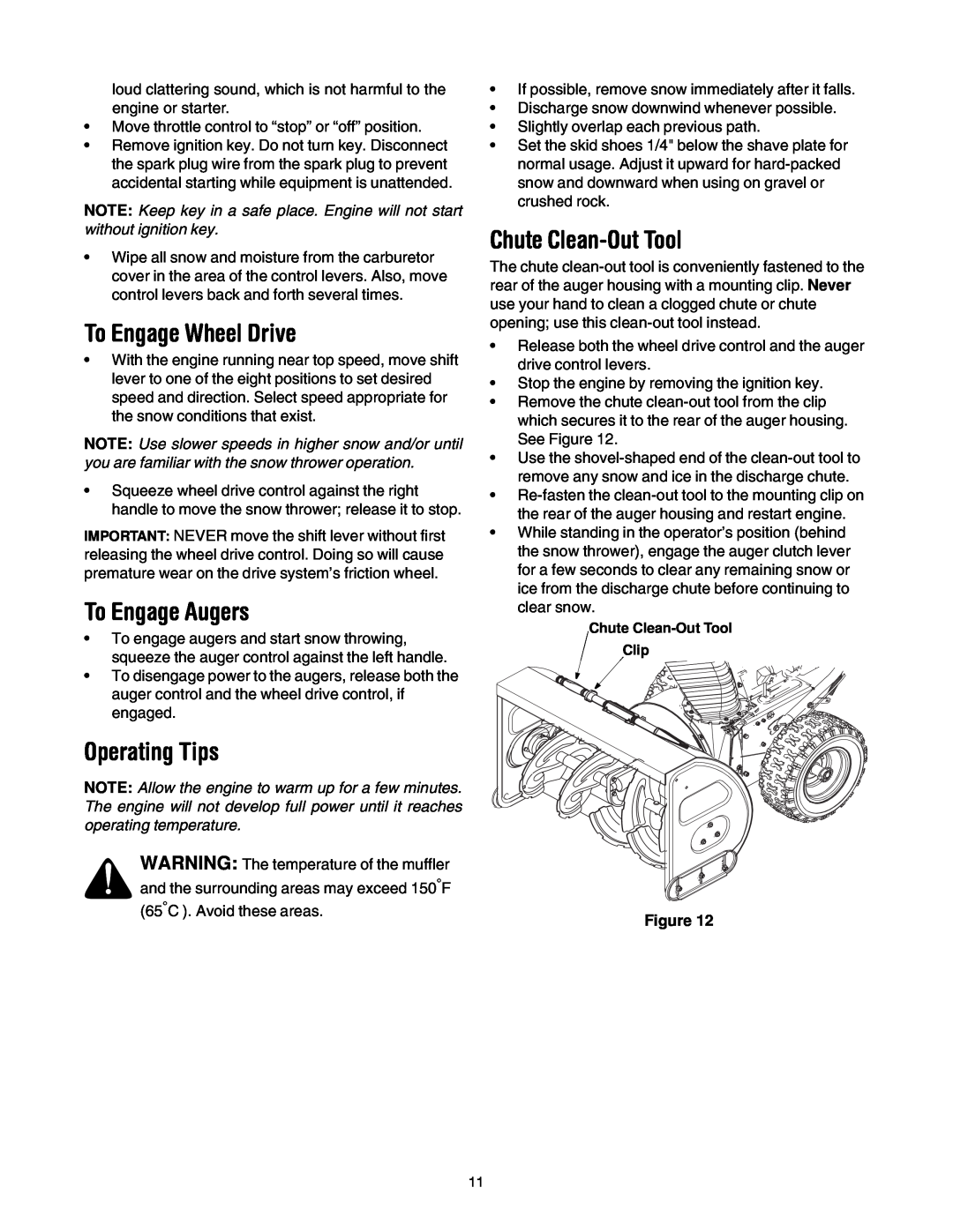MTD OGST-3106 manual To Engage Wheel Drive, To Engage Augers, Operating Tips, Chute Clean-Out Tool 
